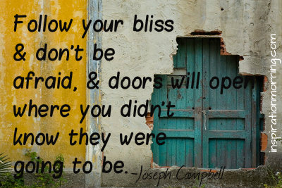 Follow your bliss and don’t be afraid, and doors will open where you didn’t know they were going to be. ~Joseph Campbell